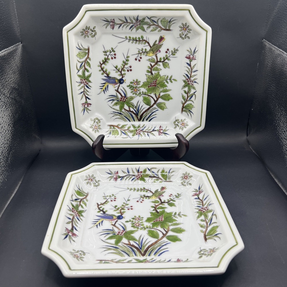 Pair Vintage Sanford Japan Porcelain Square Plates 1666 Birds Flowers Dish